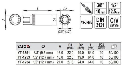 YATO YT-1254 NASADKA DO ŚWIEC 1/2 CALA, 21 MM