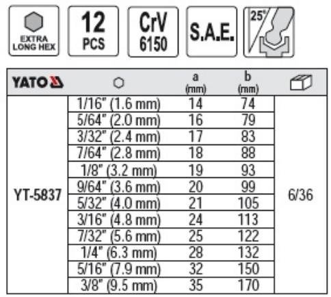 Yato YT-5837 Klucze imbusowe calowe hex kuliste długie 12 szt.