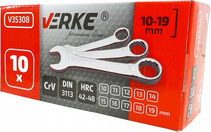 Verke V35308 Klucze płasko-oczkowe krótkie 10-19mm
