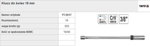 YATO YT-0817 KLUCZ DO ŚWIEC 16 MM