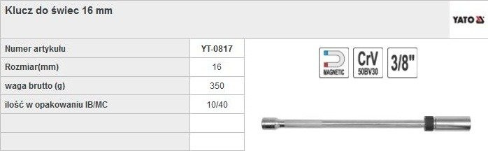 YATO YT-0817 KLUCZ DO ŚWIEC 16 MM