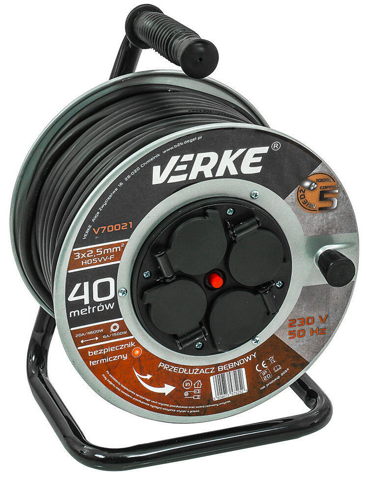 Verke V70021 Przedłużacz bębnowy 3x2,5mm 40m